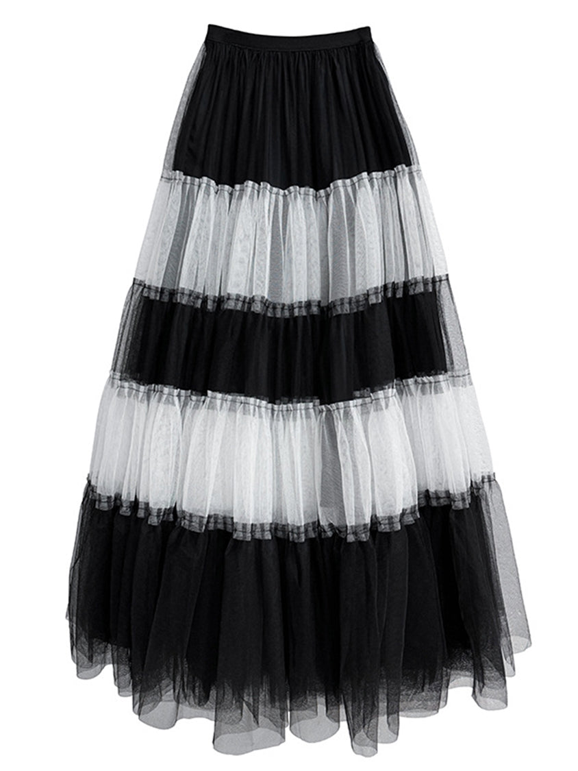 コントラストメッシュティアードスカート