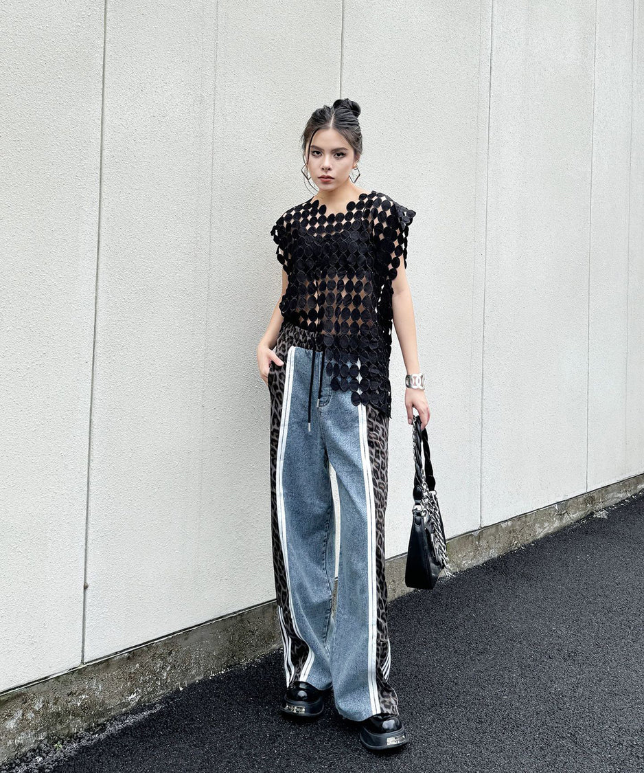 Side leopard print denim pants