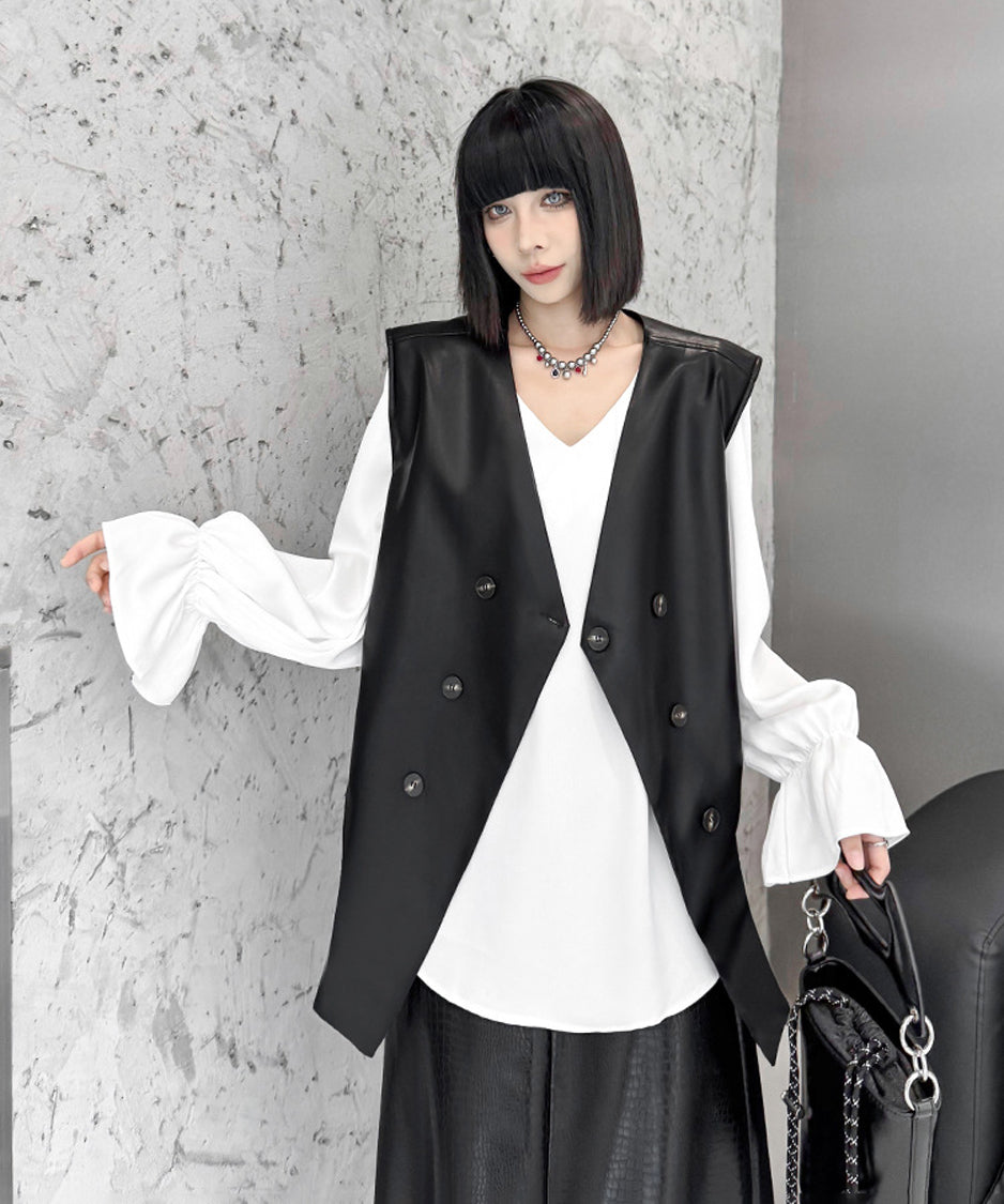 Asymmetrical faux leather vest
