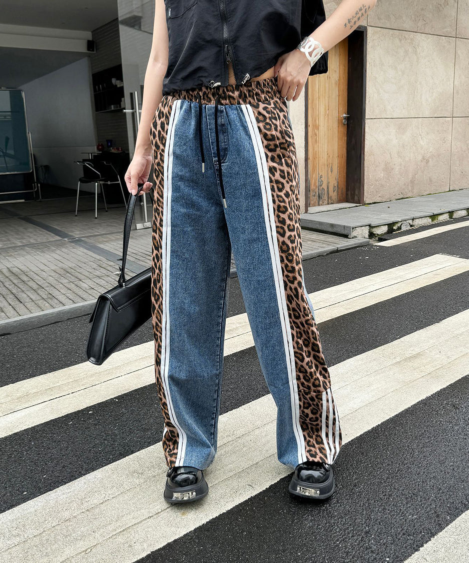 Side leopard print denim pants