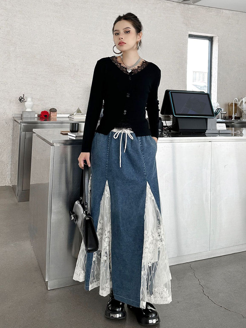 Cross-border lace denim skirt