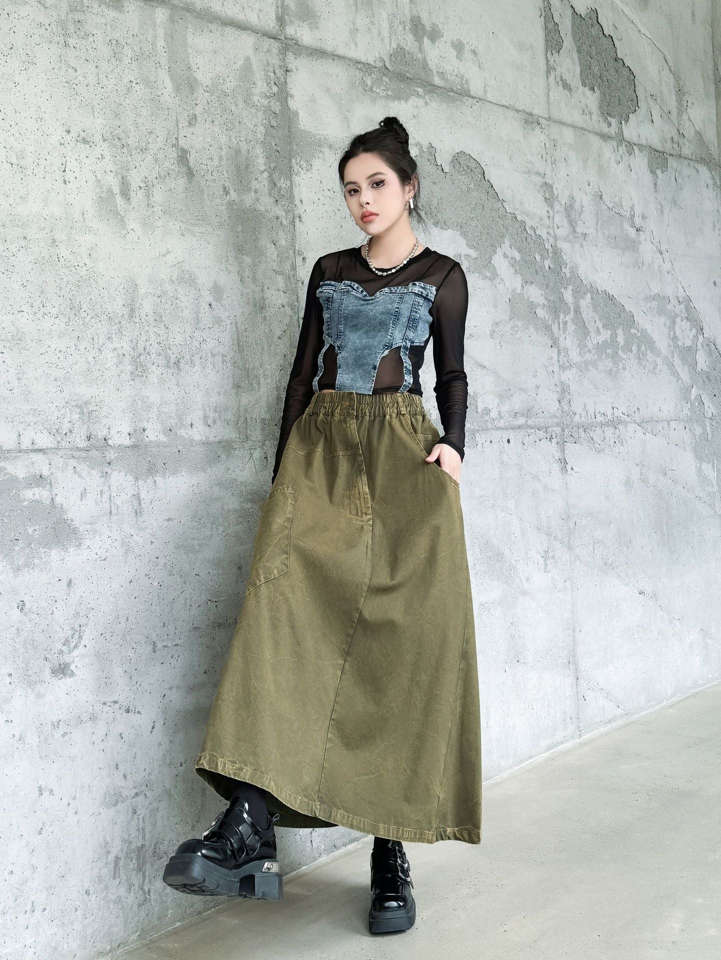 Big Pocket Denim Flare Skirt