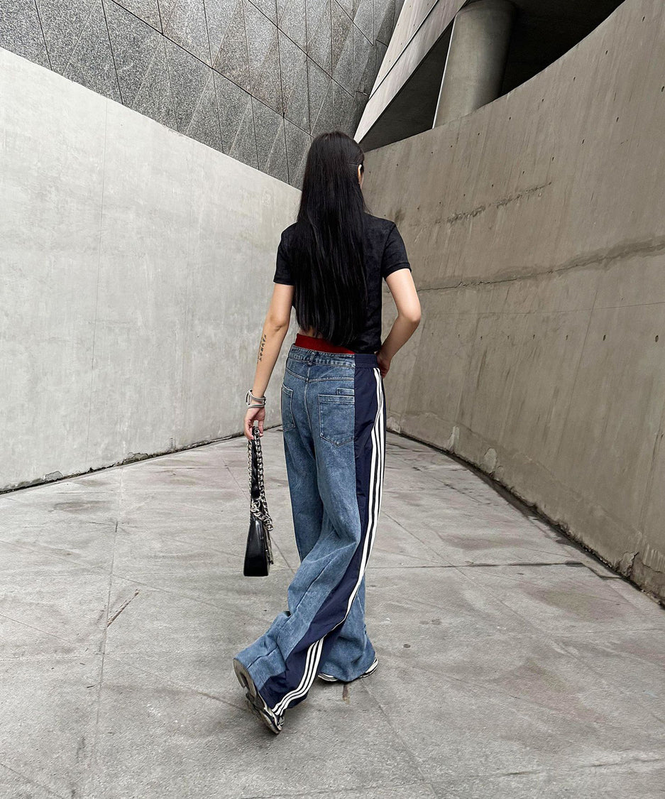 Side line drawstring denim pants