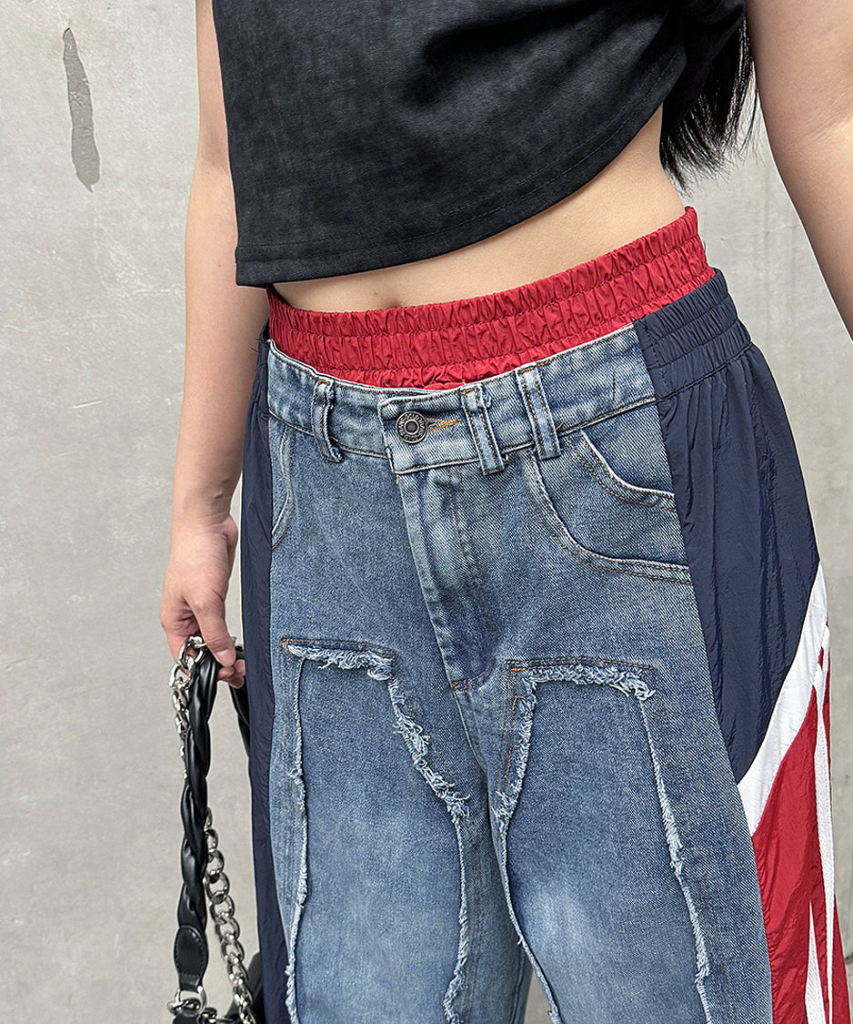 Side line drawstring denim pants