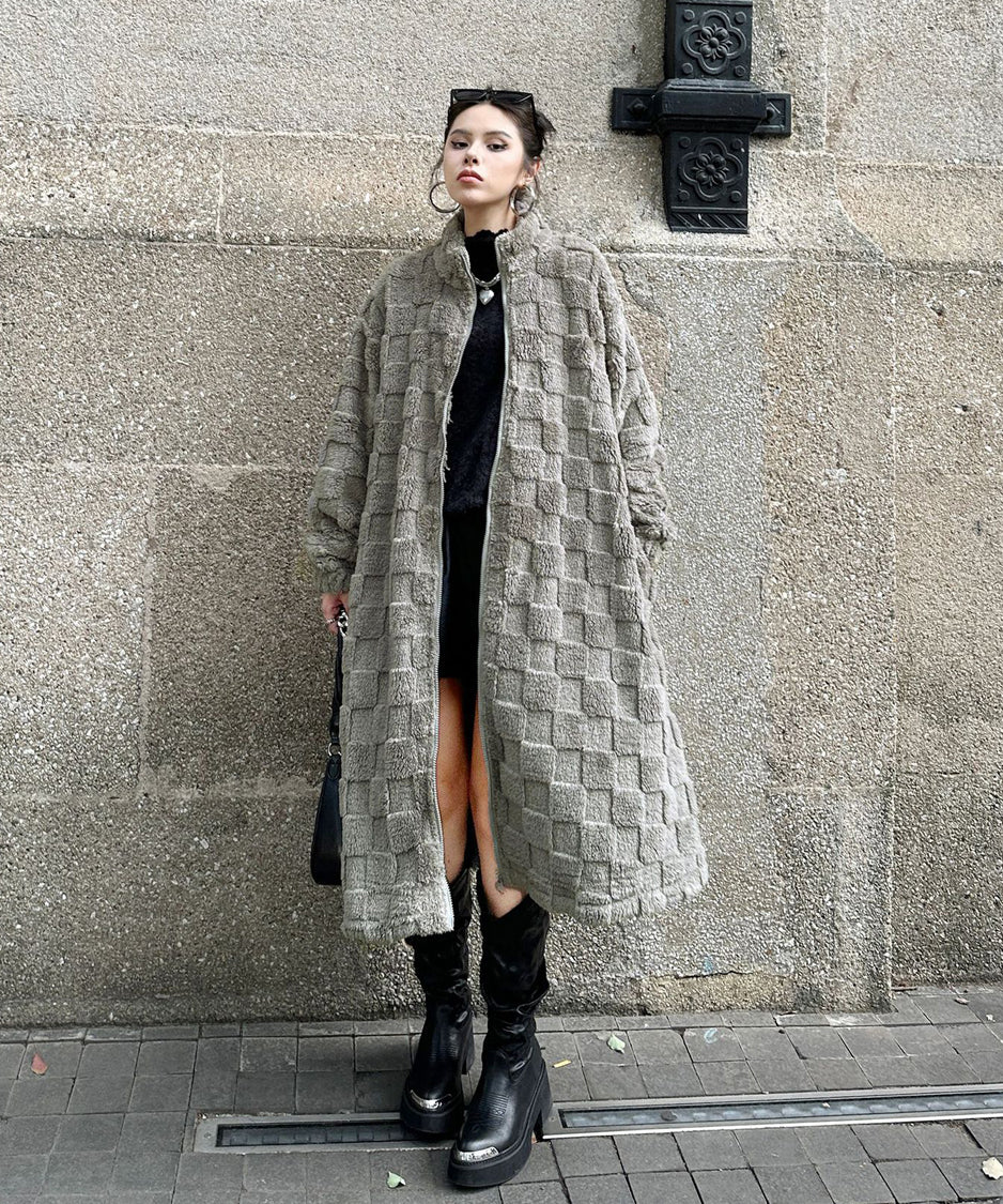 Checkered Pattern Boa Coat
