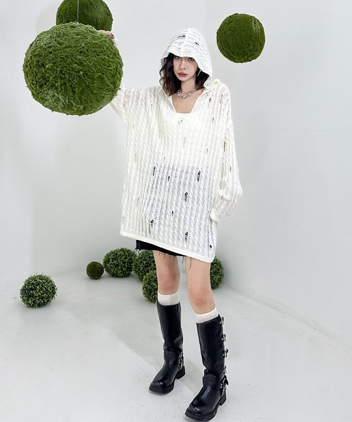 Distressed knit hoodie