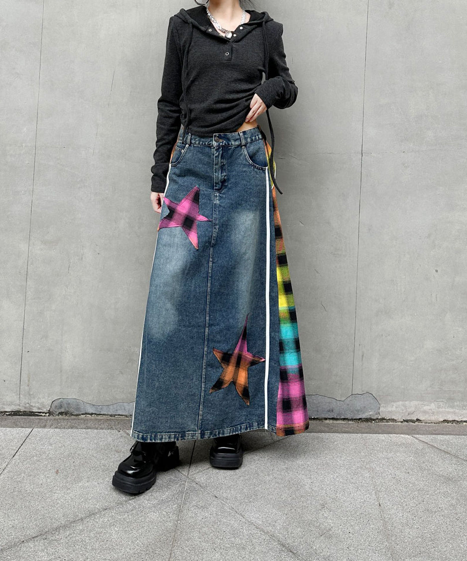 Contrast Check Denim Skirt