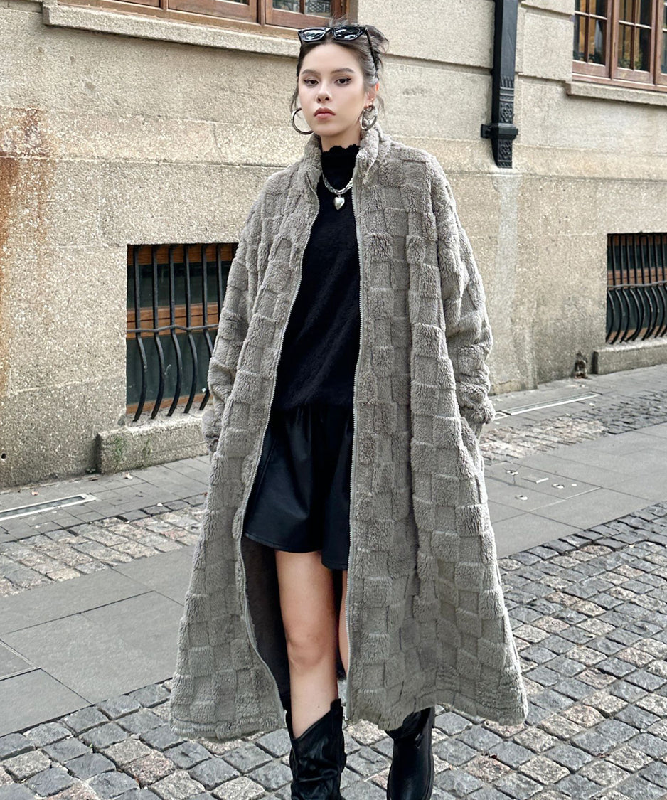 Checkered Pattern Boa Coat