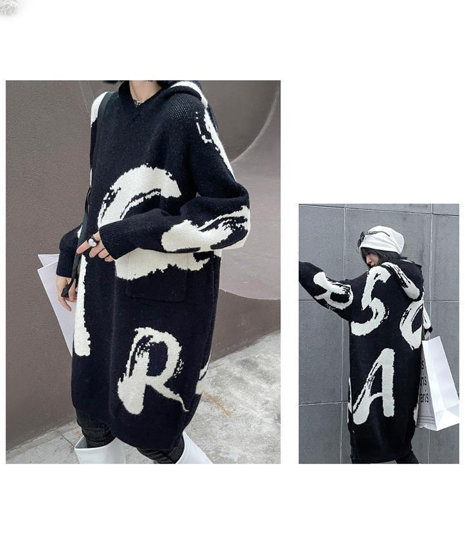 Letter Jacquard Hoodie Knit Dress