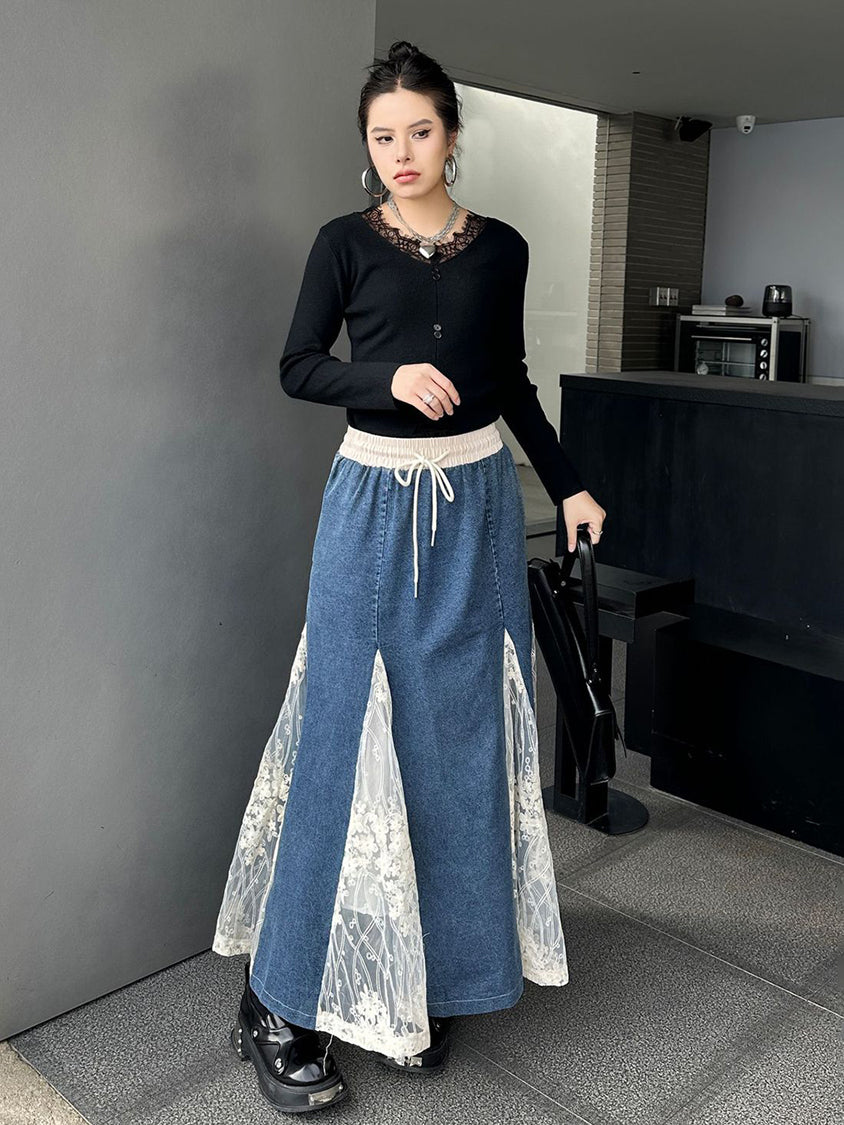 Cross-border lace denim skirt