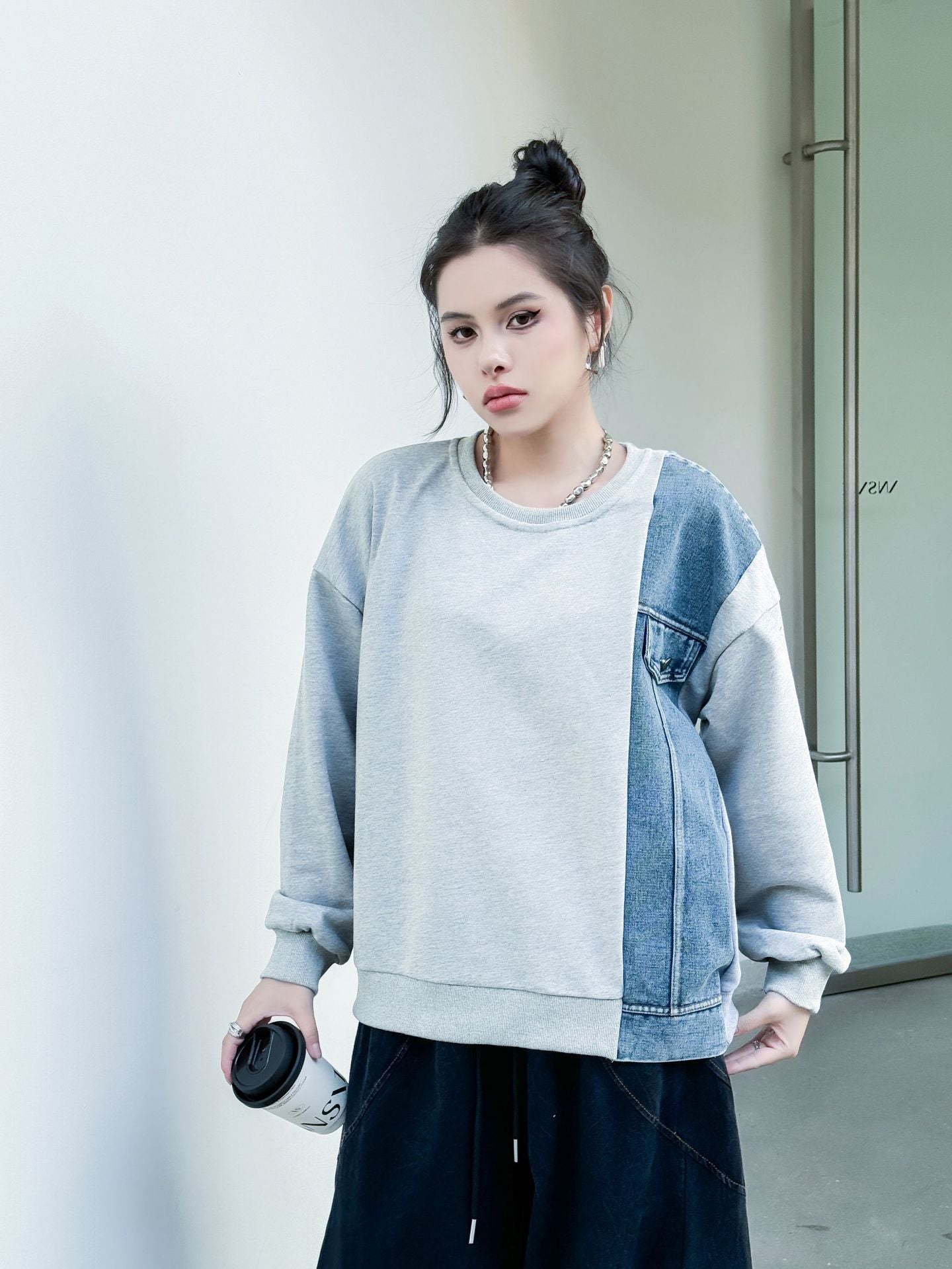 Denim stitch contrast top