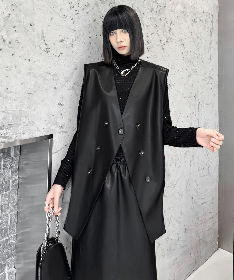 Asymmetrical faux leather vest