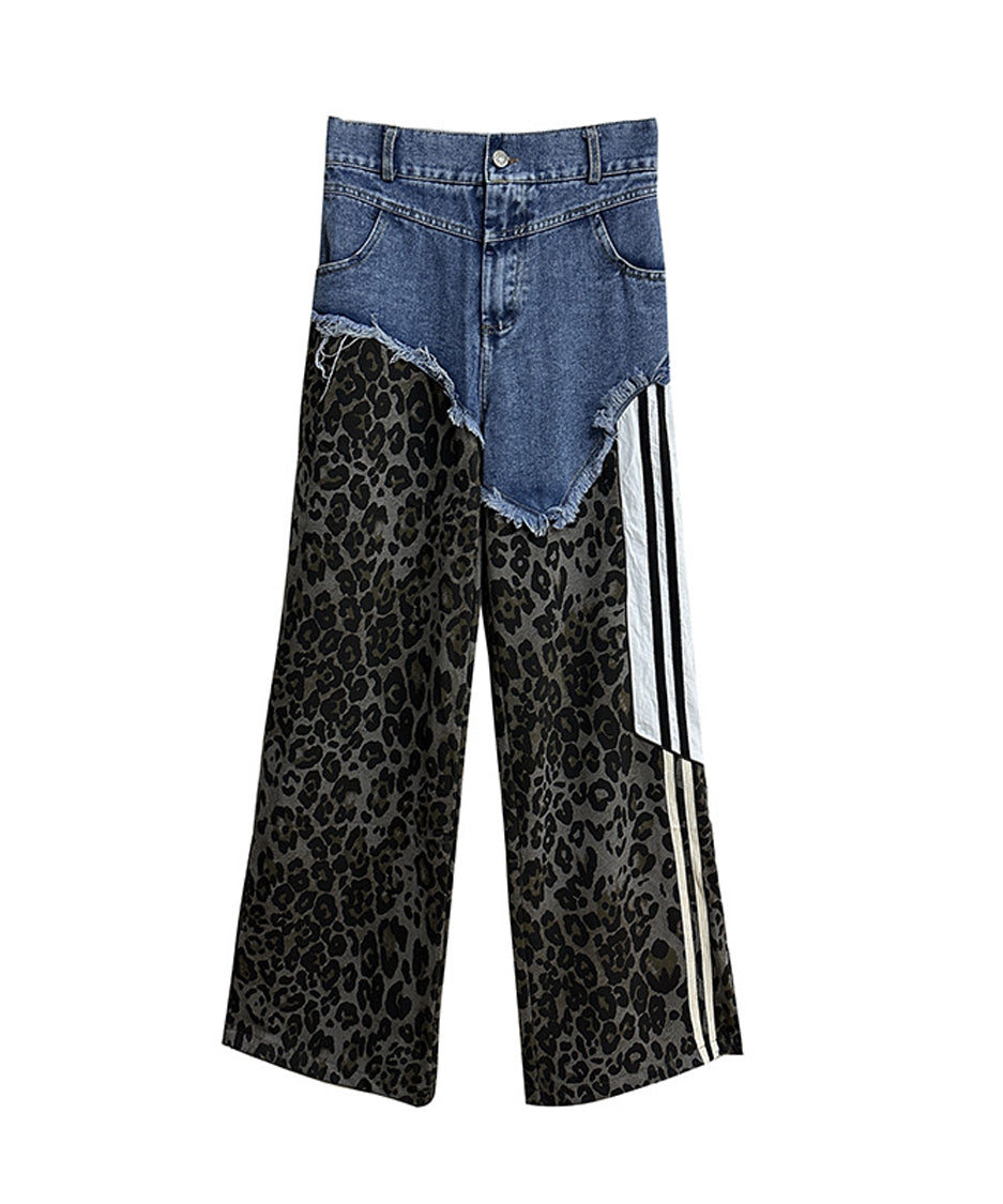 Leopard print contrast denim pants