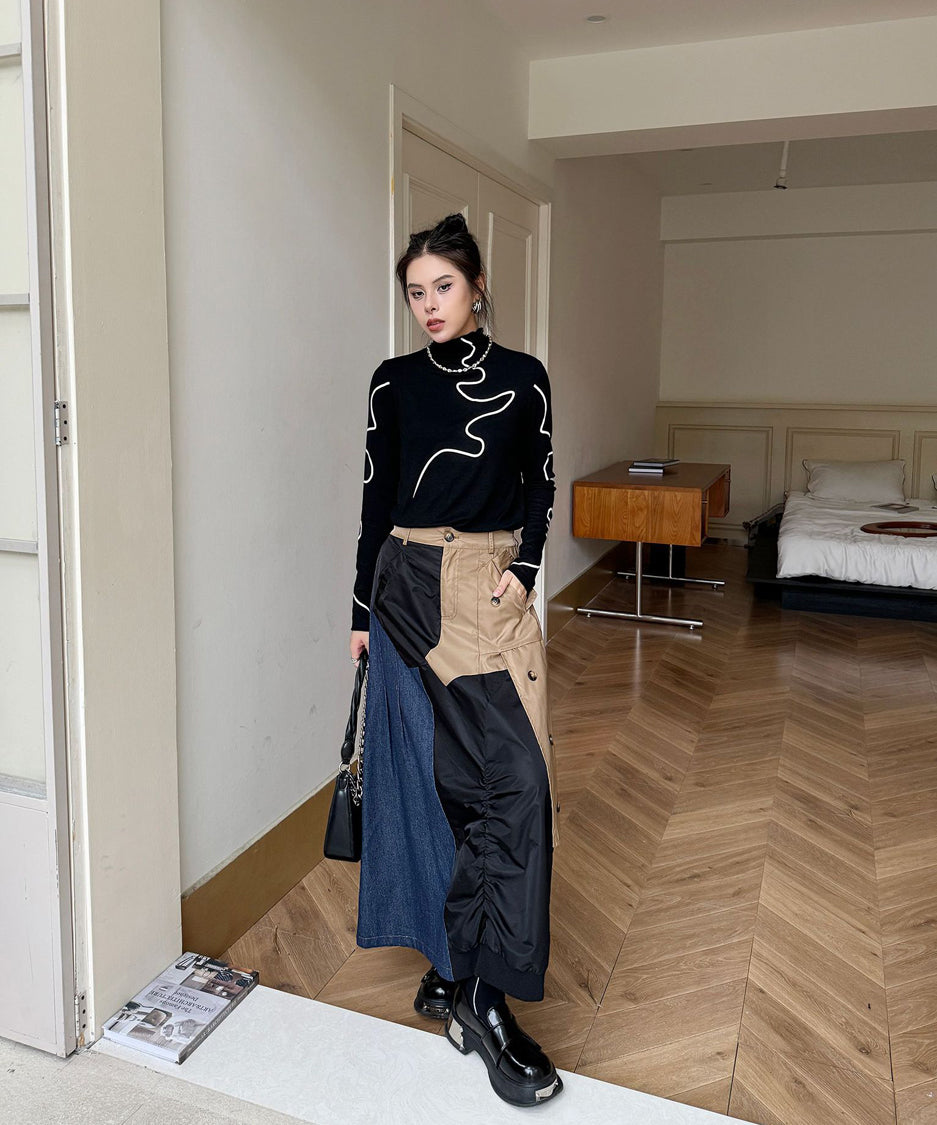 Contrast Denim High-Waist Skirt