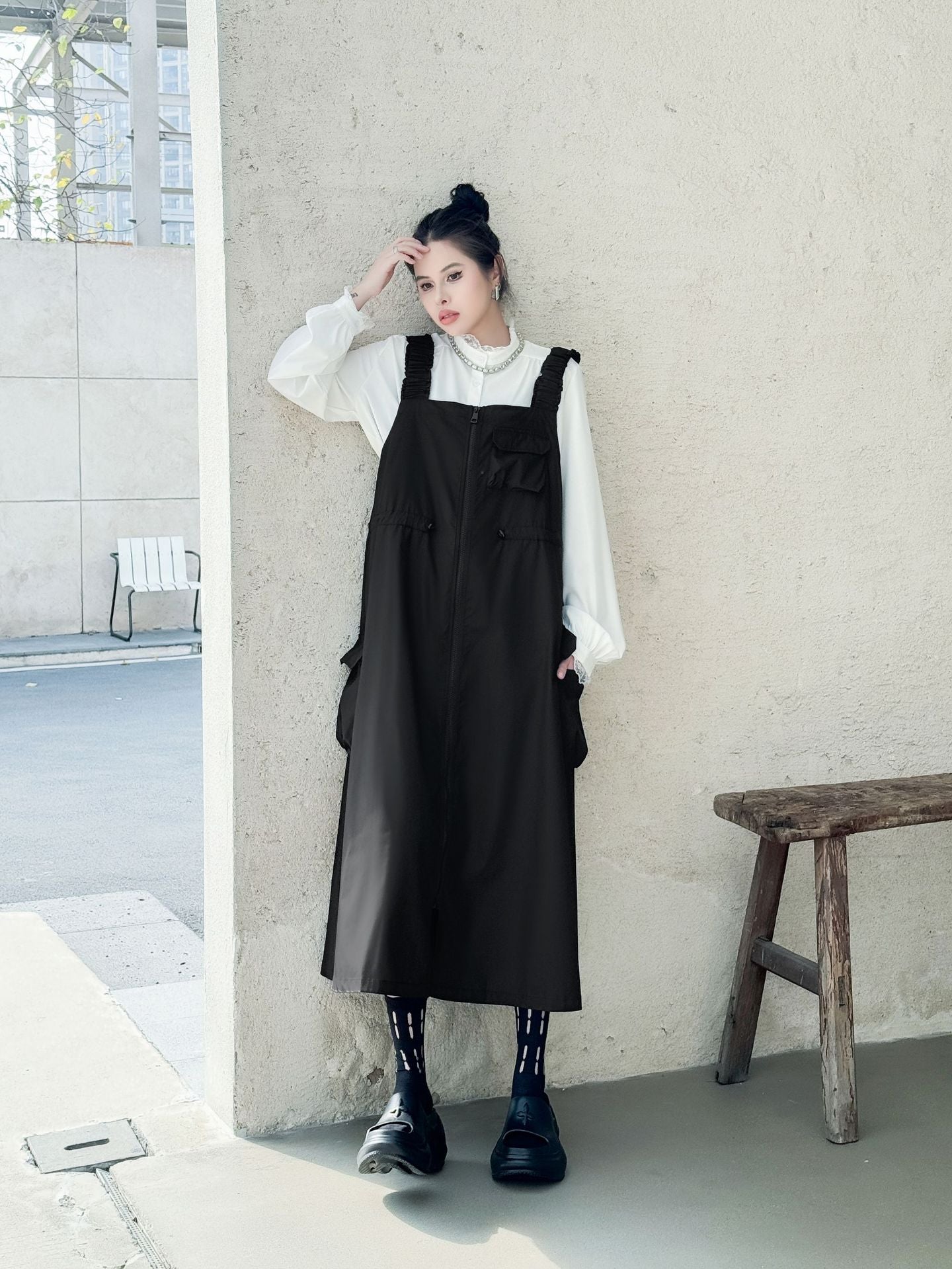 Patchwork Pocket Suspender Dress