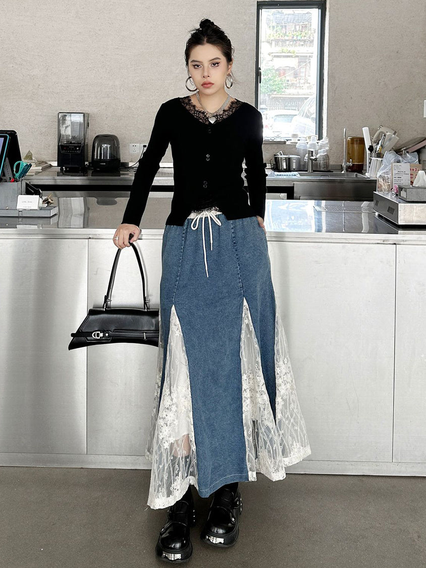Cross-border lace denim skirt