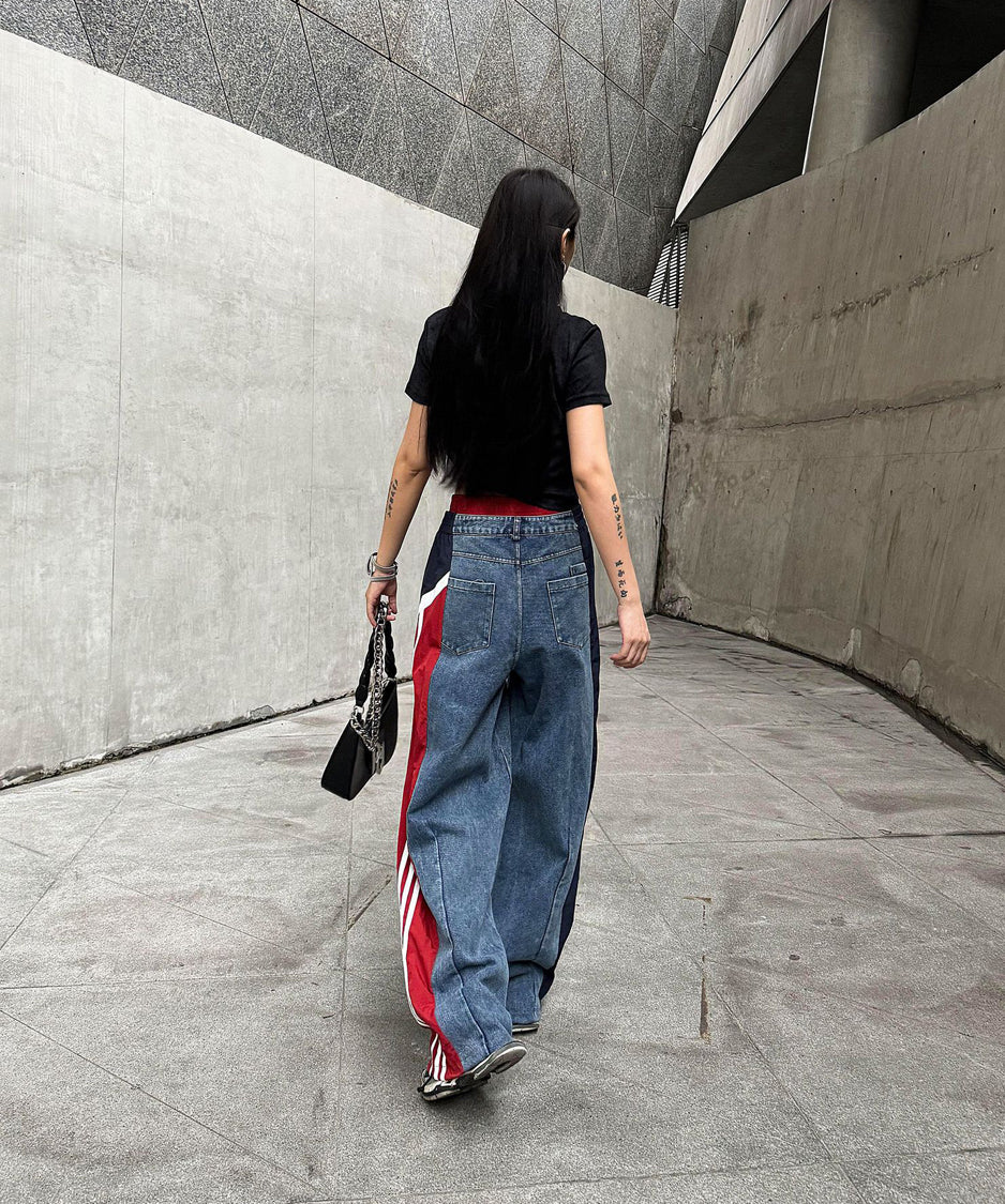 Side line drawstring denim pants