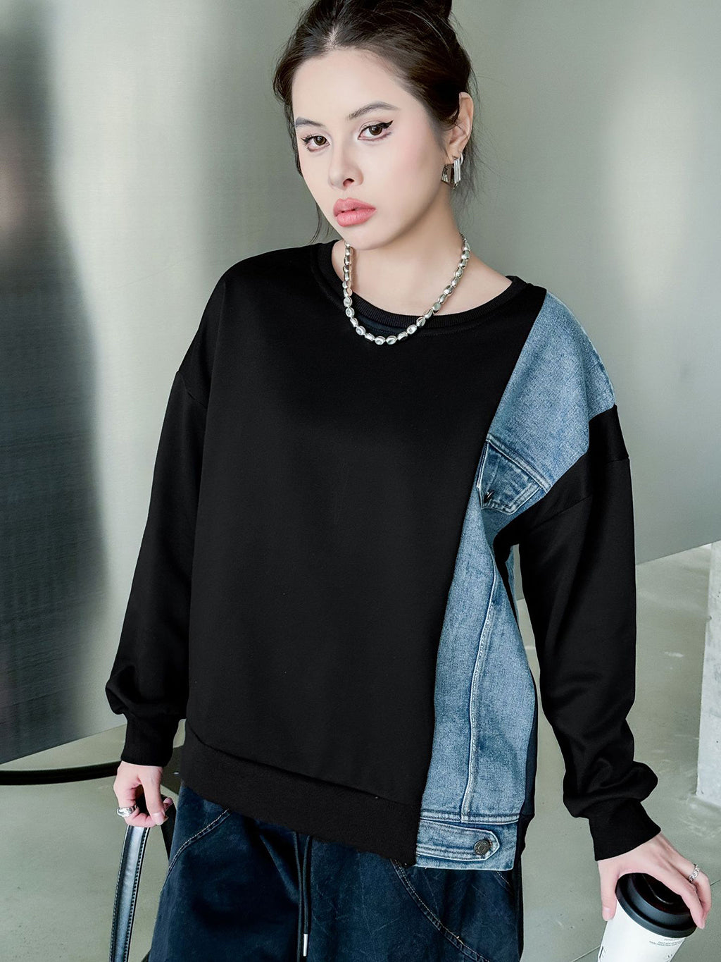 Denim stitch contrast top