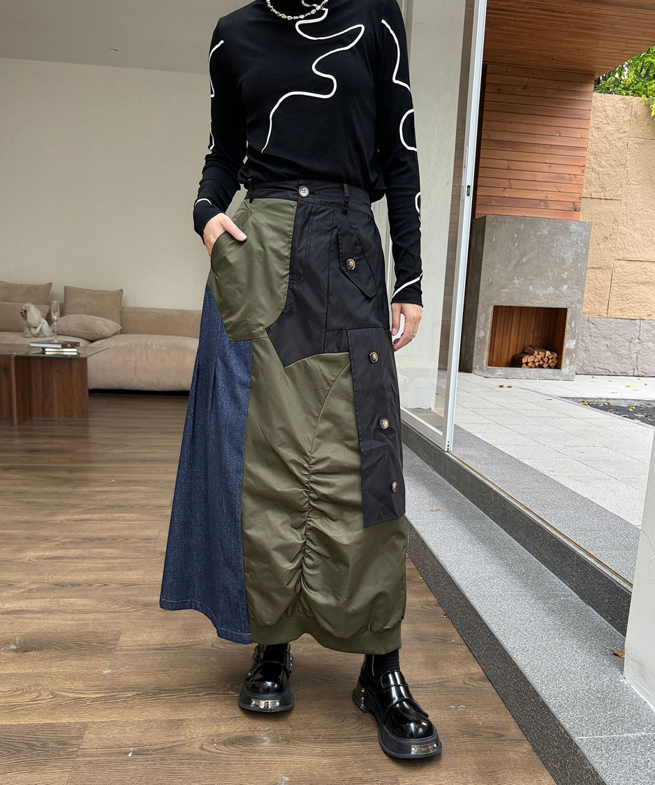 Contrast Denim High-Waist Skirt