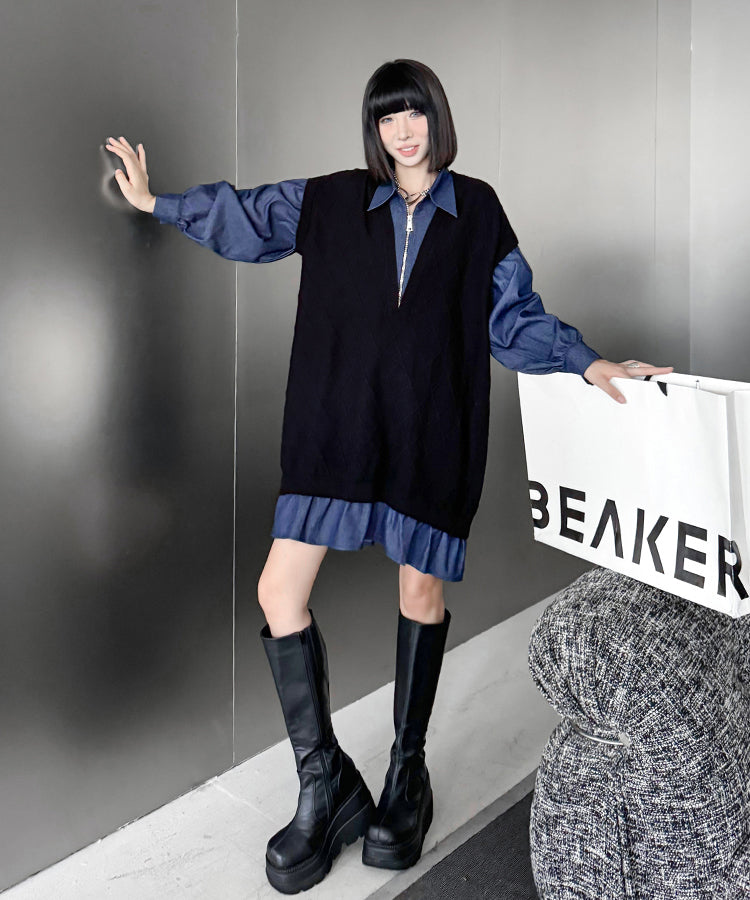 Denim knit layered dress