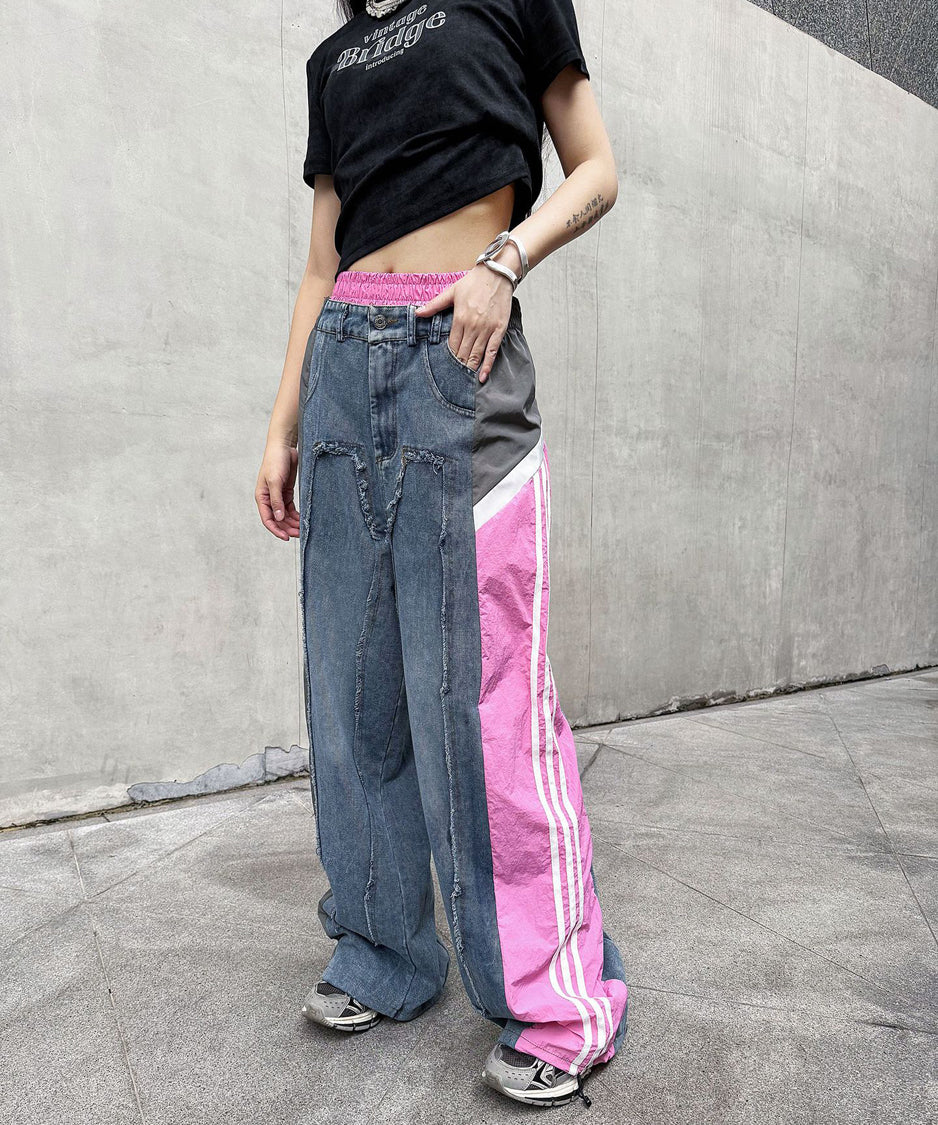 Side line drawstring denim pants