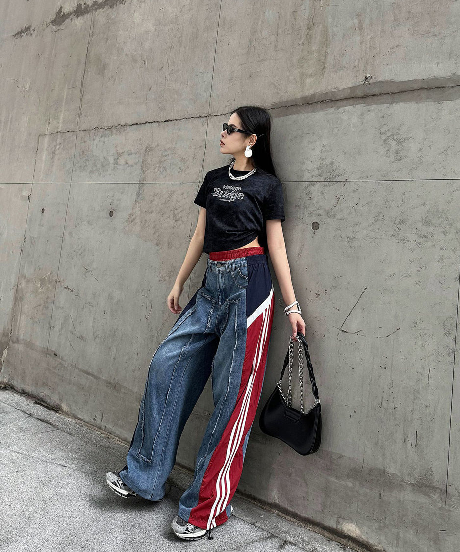 Side line drawstring denim pants