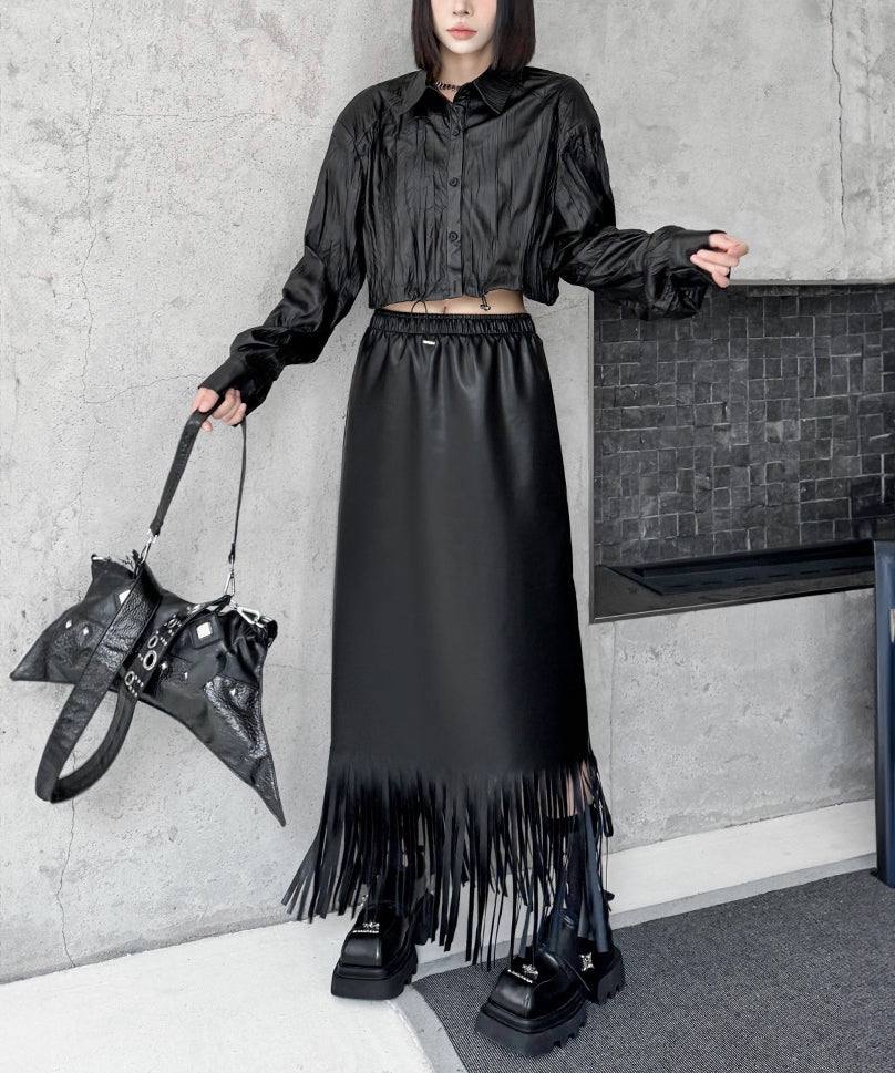 Faux leather fringe skirt