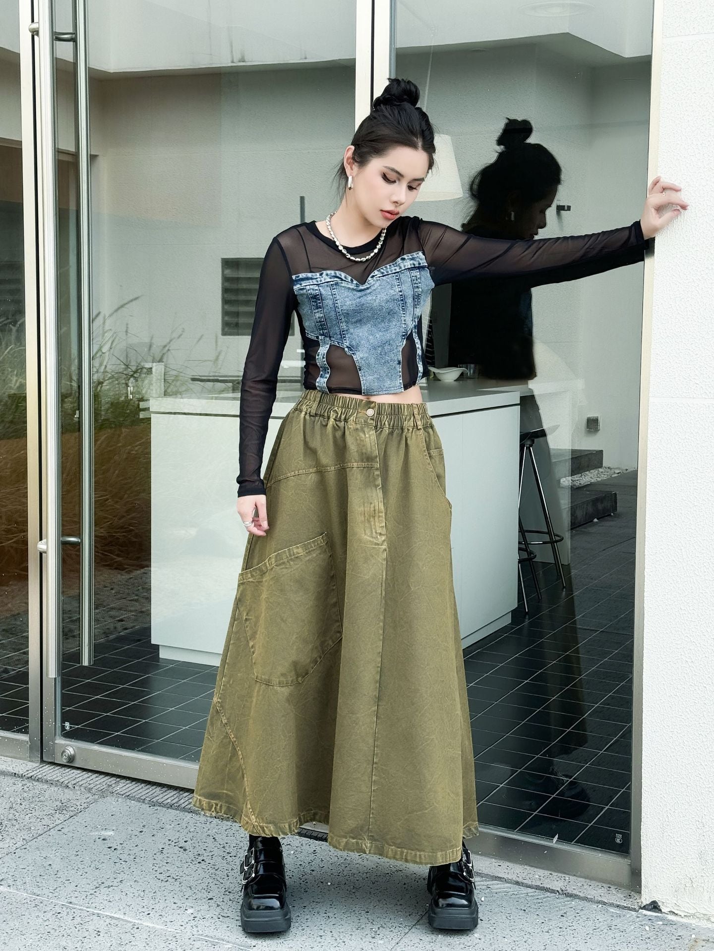 Big Pocket Denim Flare Skirt