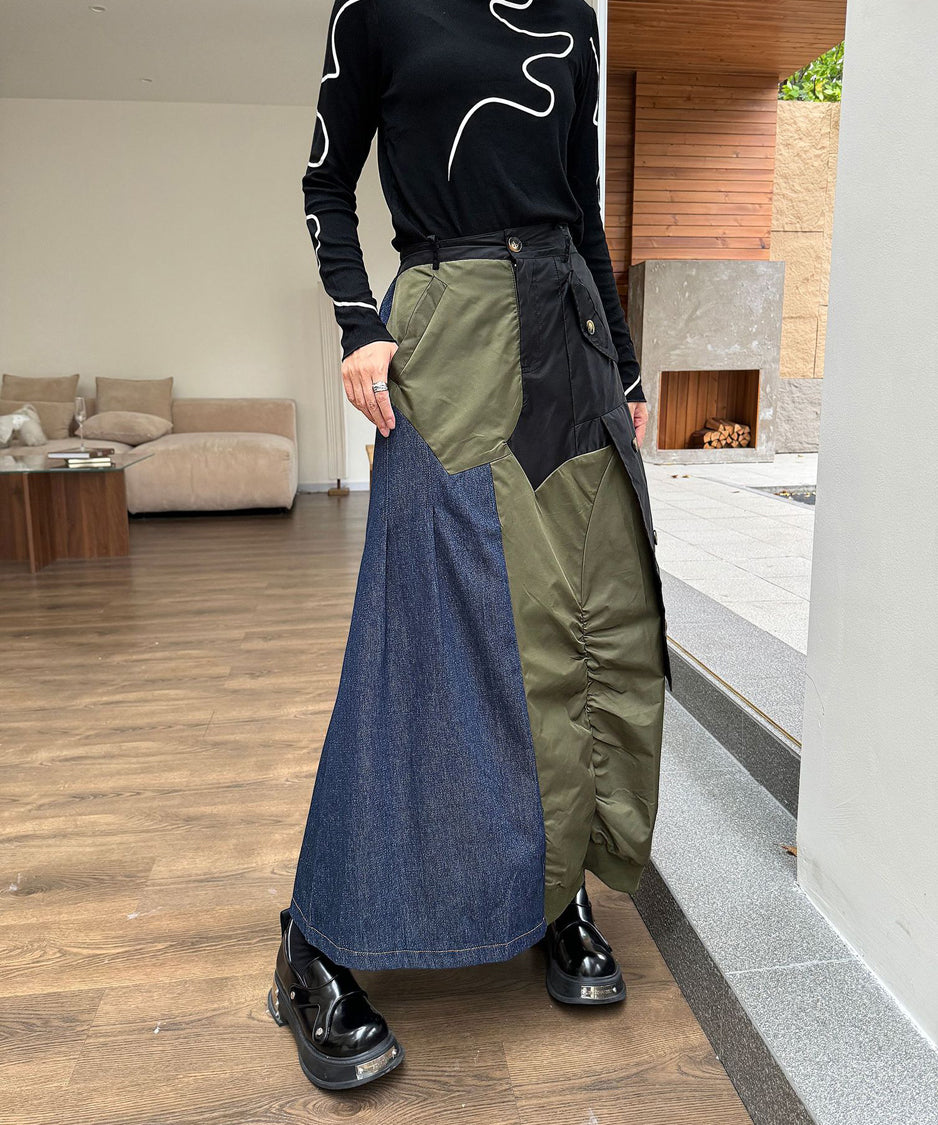 Contrast Denim High-Waist Skirt