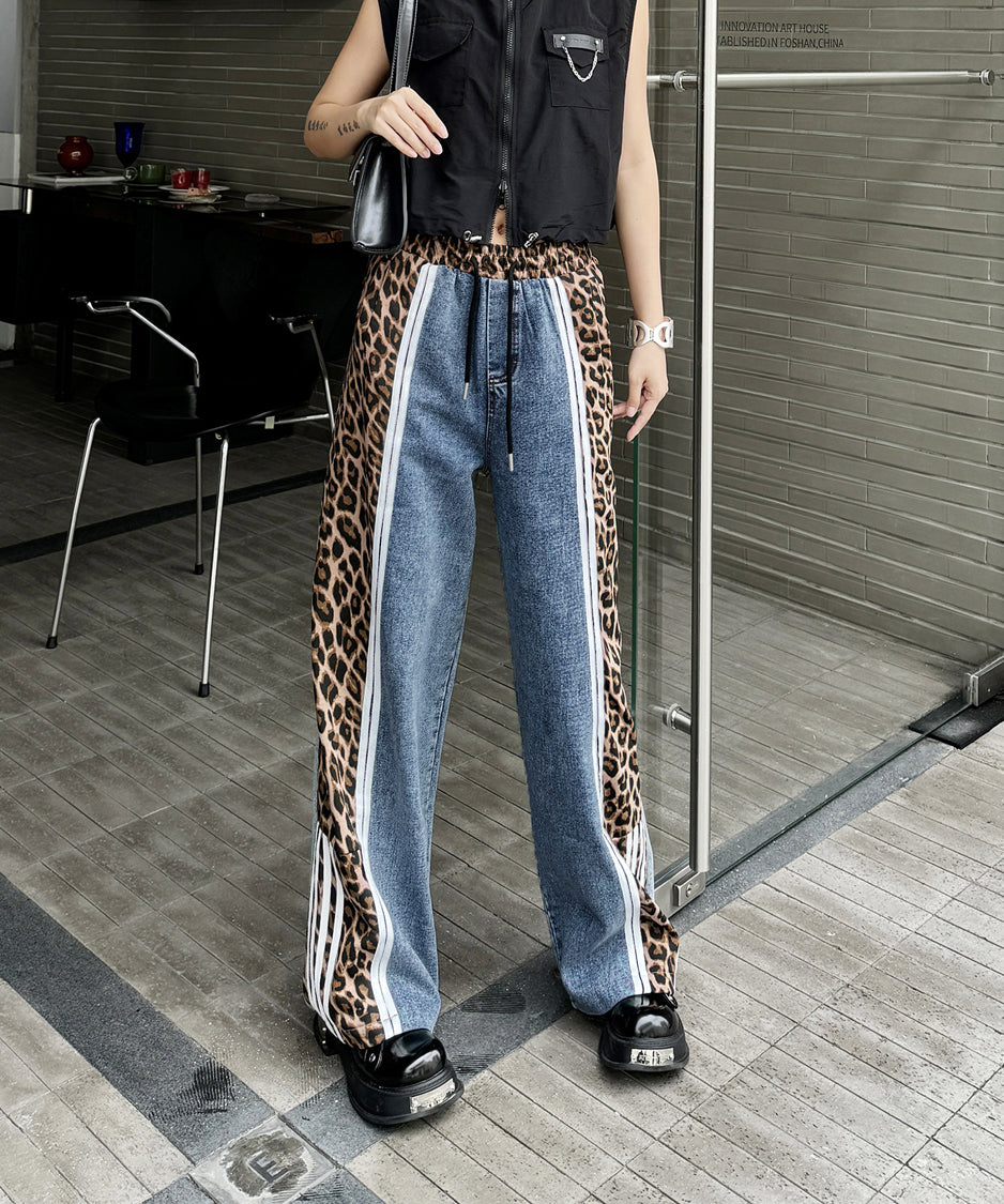 Side leopard print denim pants