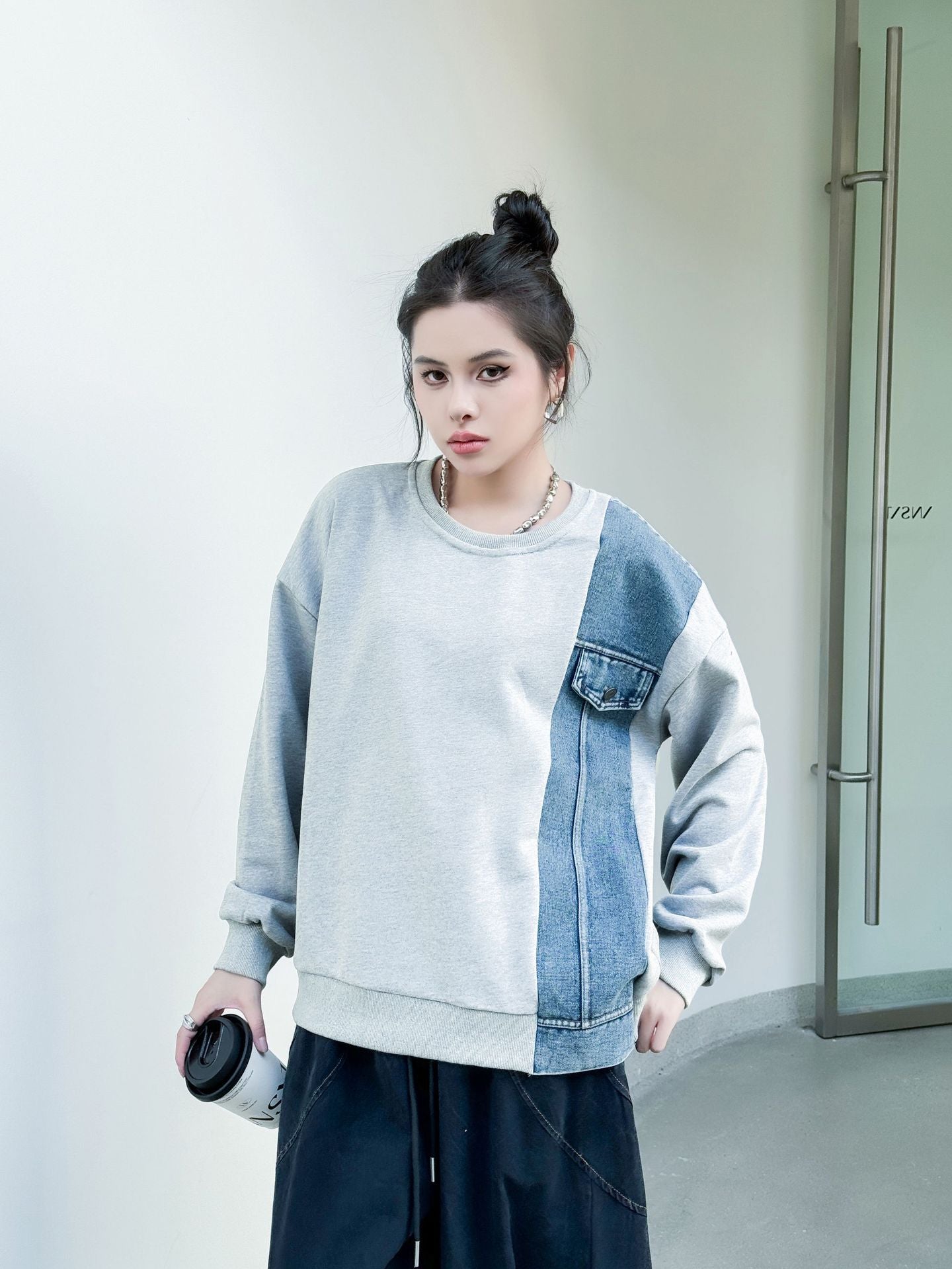 Denim stitch contrast top