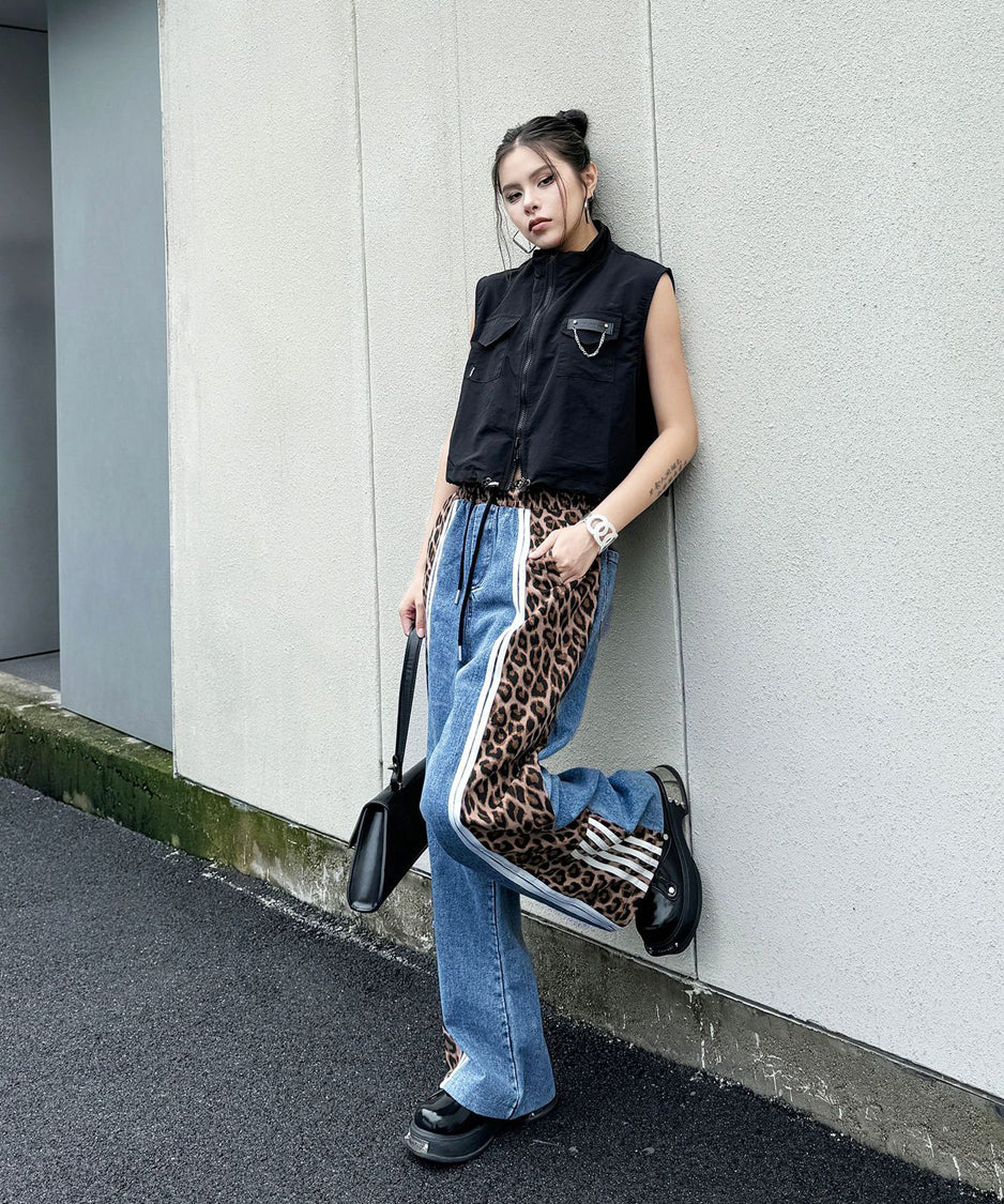 Side leopard print denim pants
