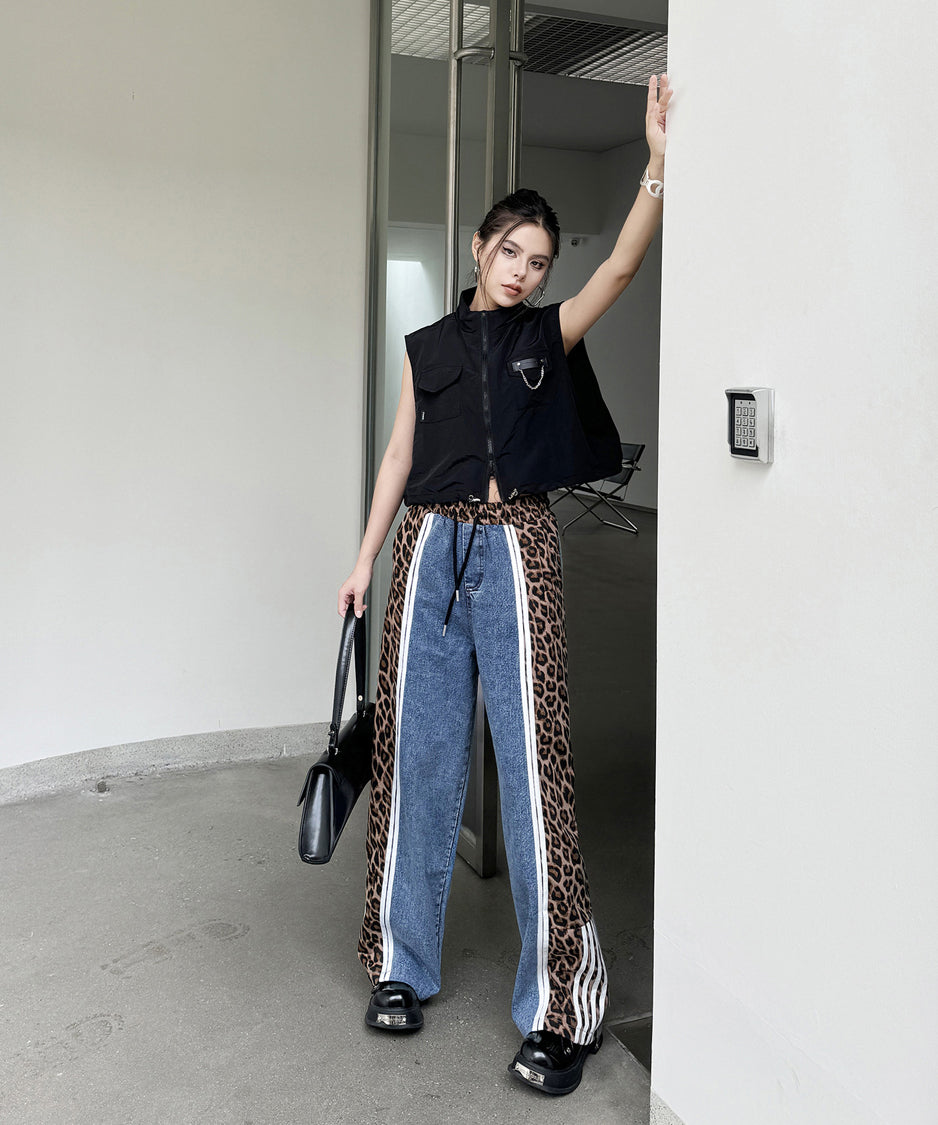 Side leopard print denim pants