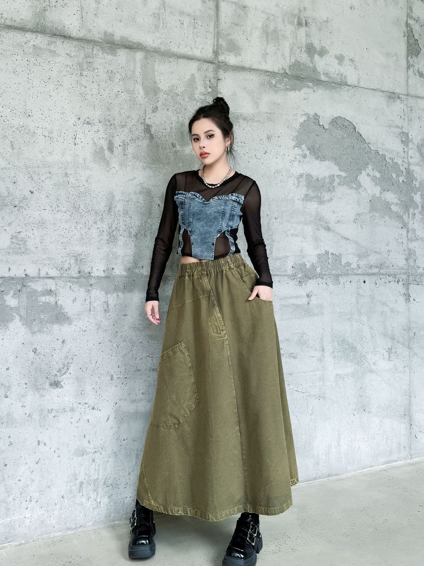 Big Pocket Denim Flare Skirt
