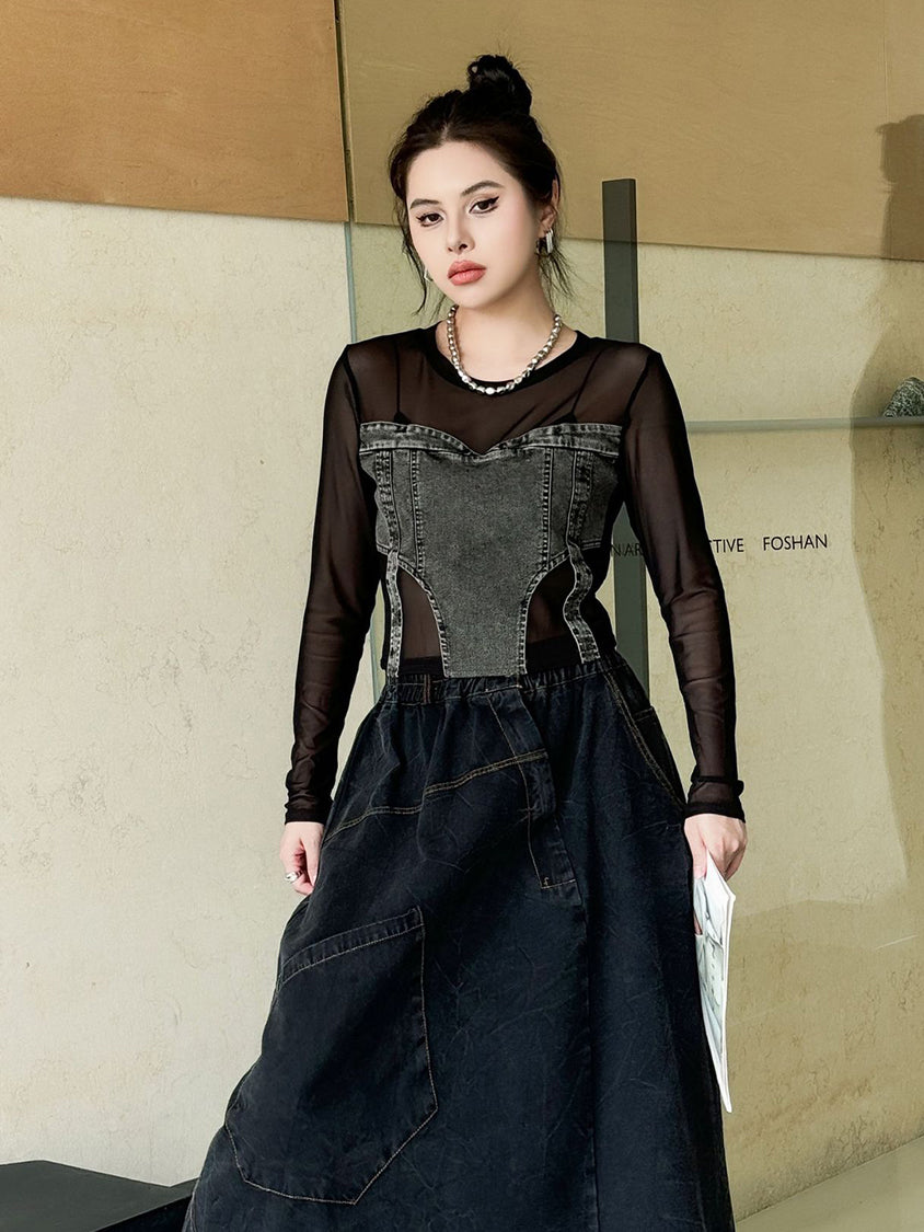 Mesh stitch denim top