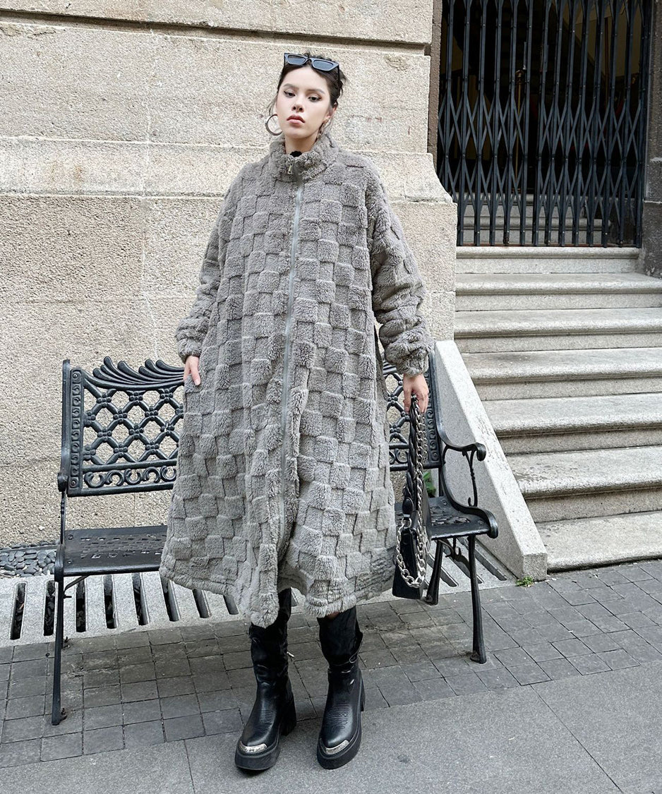 Checkered Pattern Boa Coat