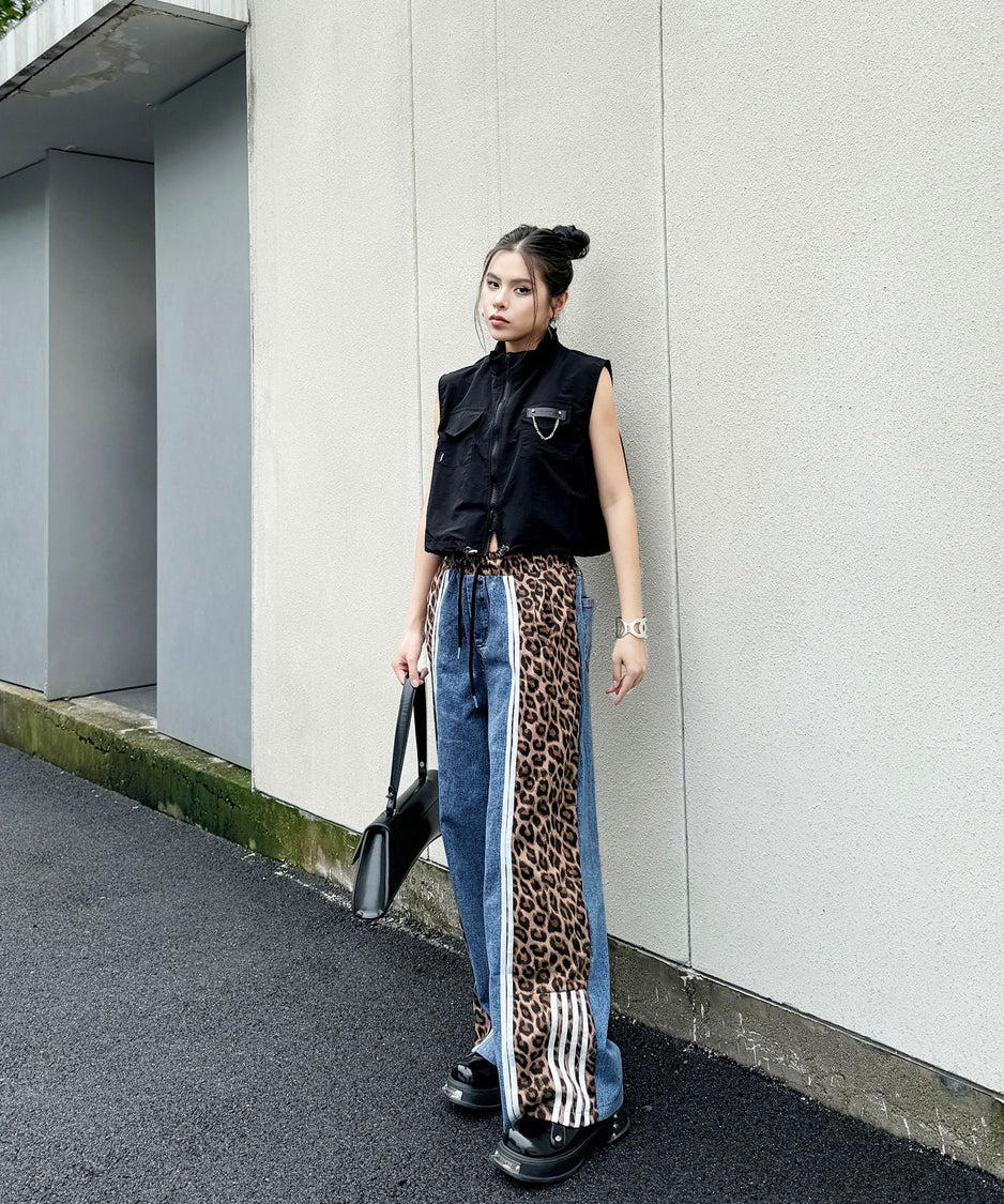 Side leopard print denim pants