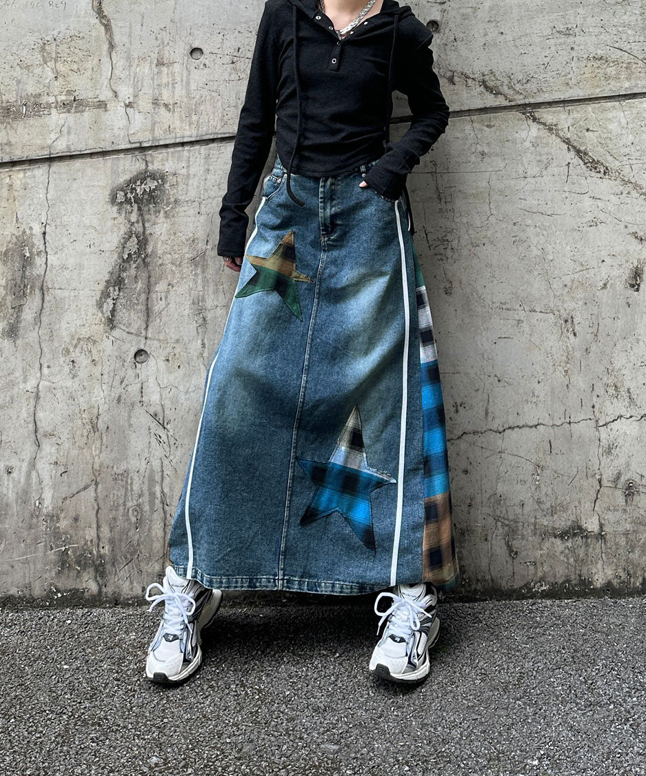 Contrast Check Denim Skirt