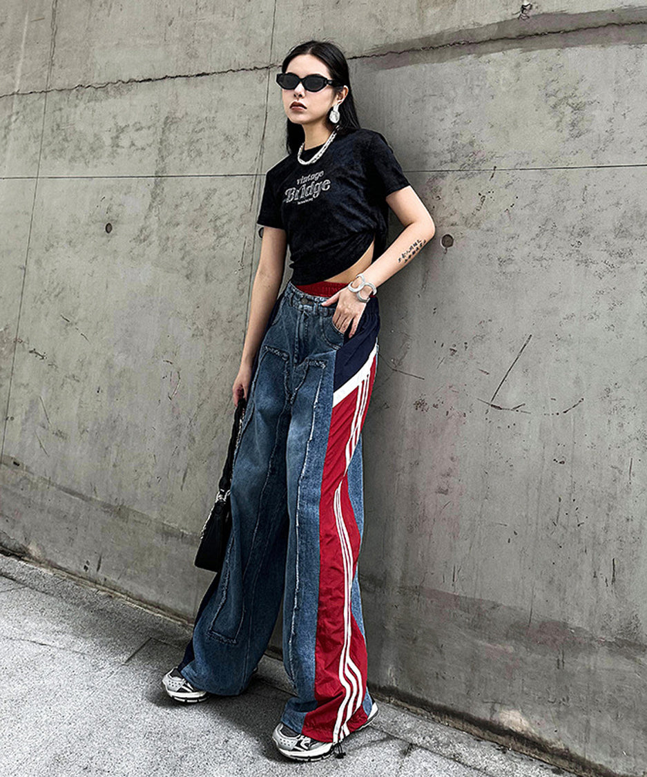 Side line drawstring denim pants