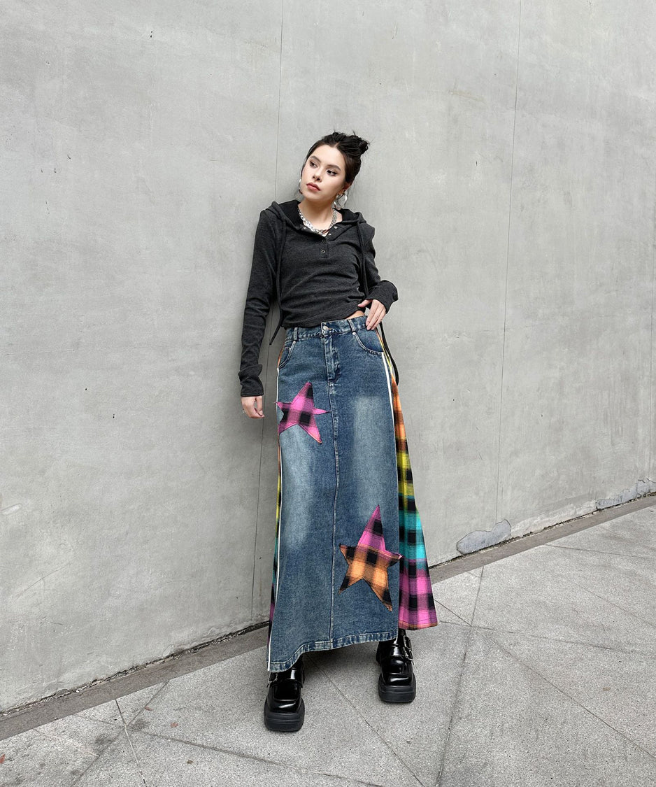 Contrast Check Denim Skirt