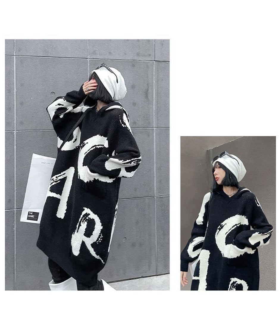 Letter Jacquard Hoodie Knit Dress