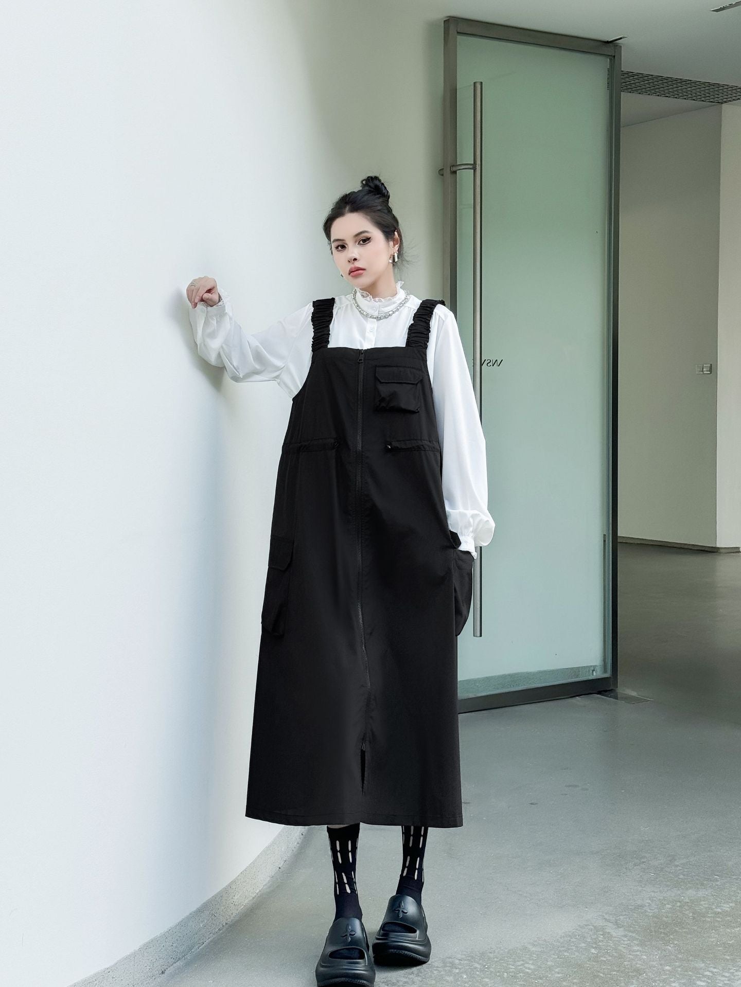 Patchwork Pocket Suspender Dress