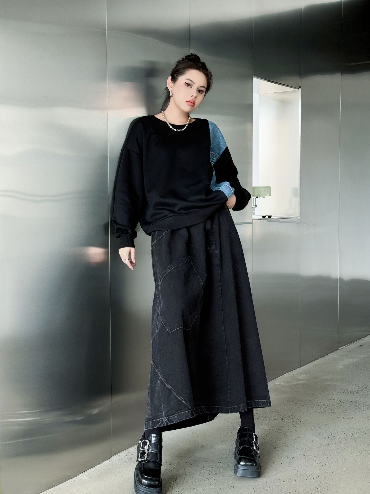 Big Pocket Denim Flare Skirt