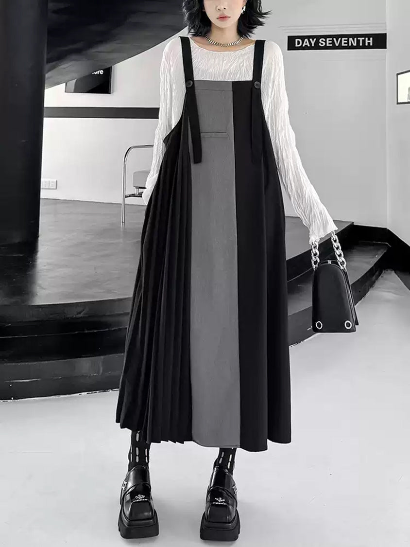 ツートーンプリーツサスペンダードレス