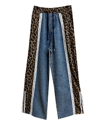 Side leopard print denim pants