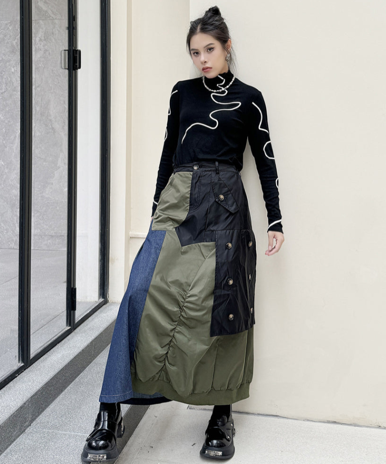 Contrast Denim High-Waist Skirt