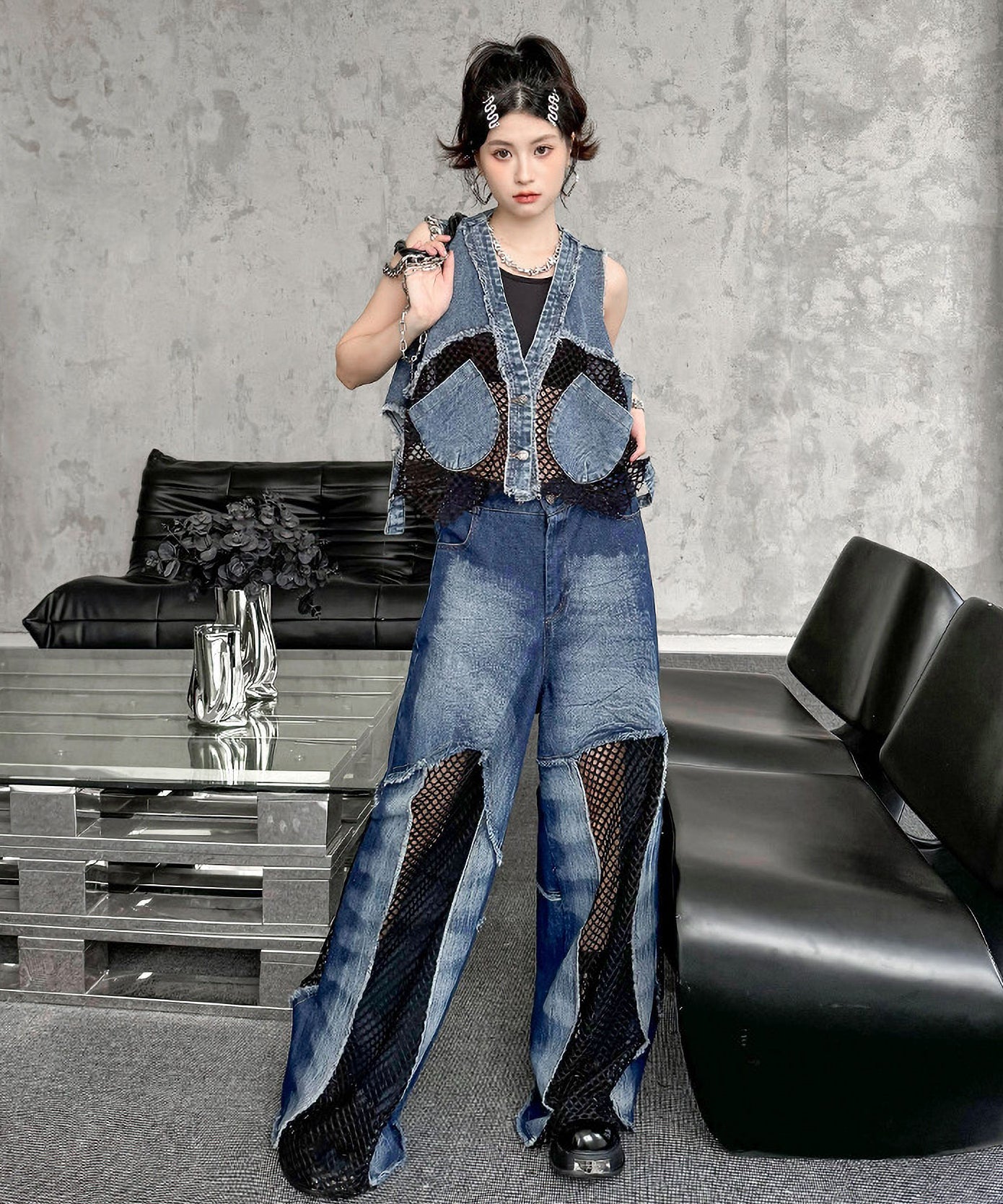 Mesh denim pants