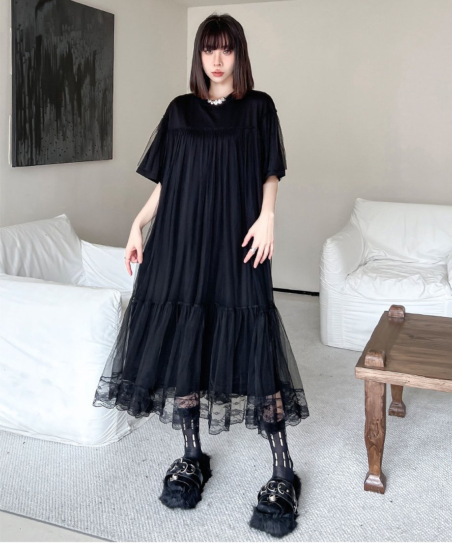Mesh layered flared dress