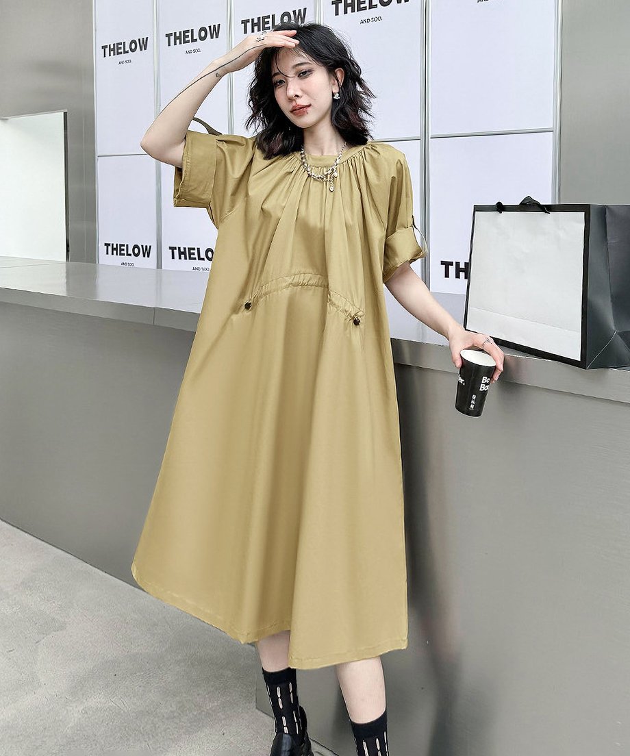 Rolled Sleeve Lace-Up Dress