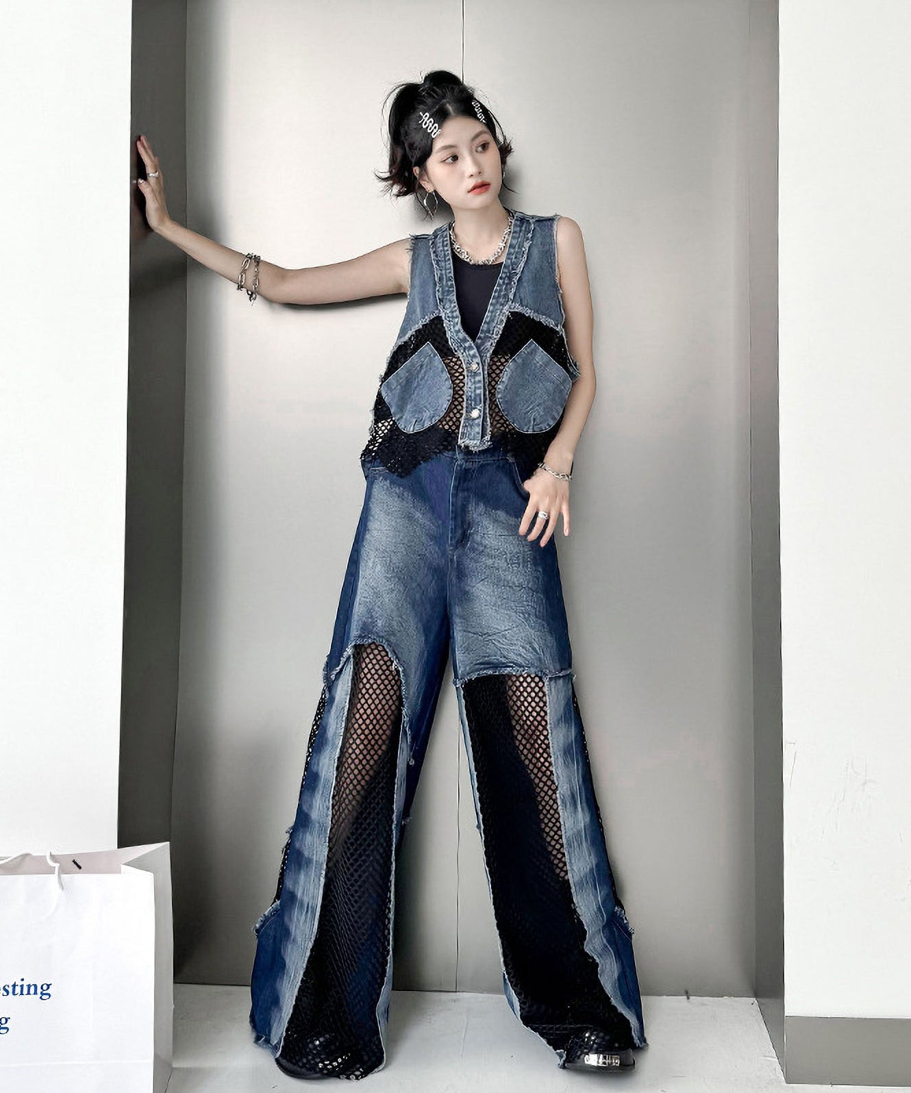 Mesh denim pants